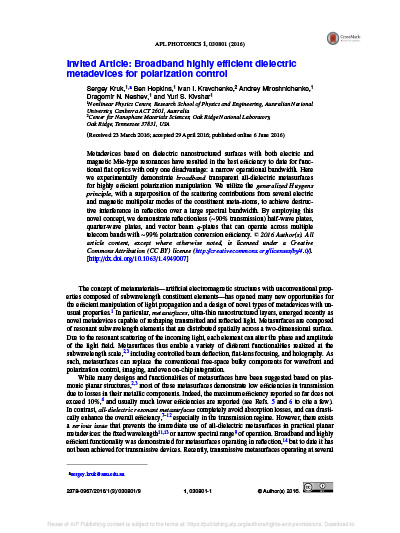 Broadband highly efficient dielectric metadevices for polarization control